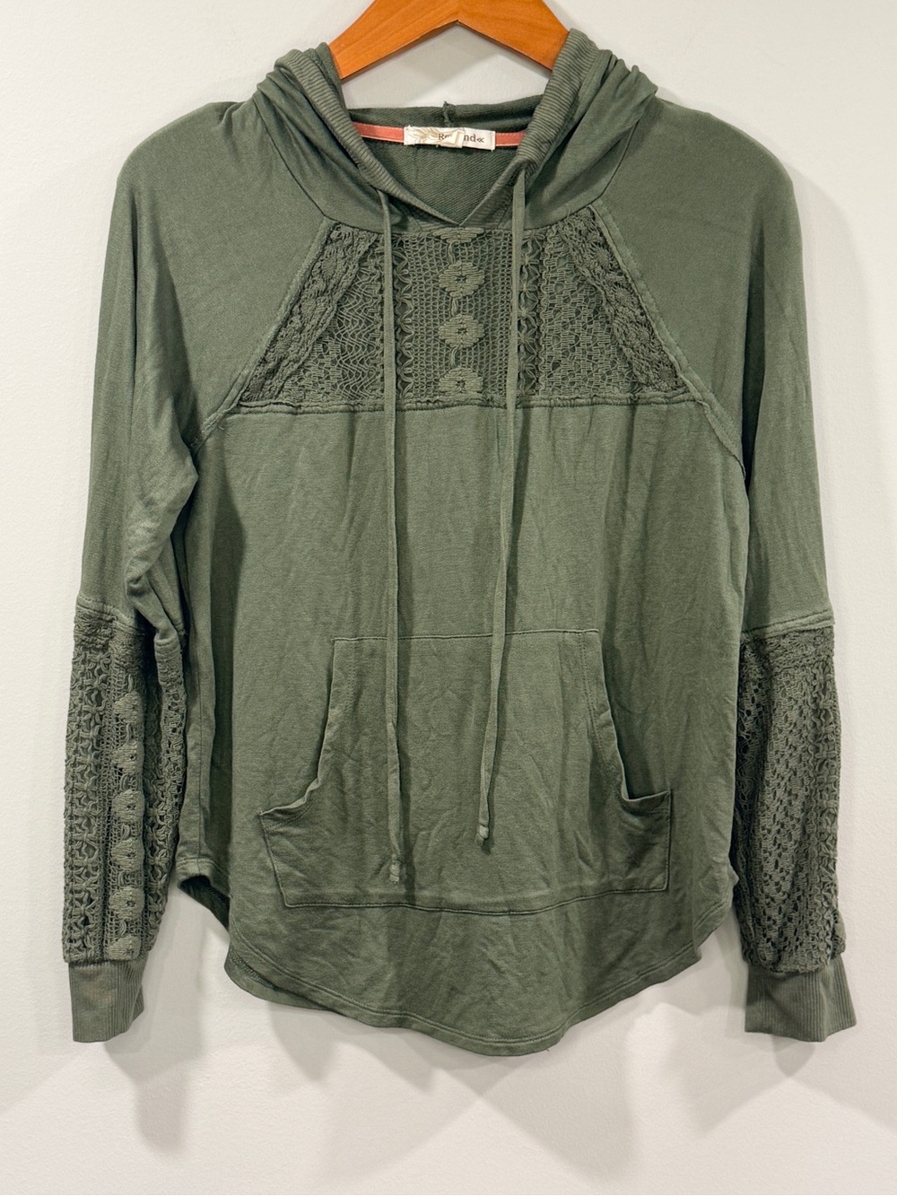 Rewind Womens Lightweight Olive Green Crochet-Panel Hoodie Size M